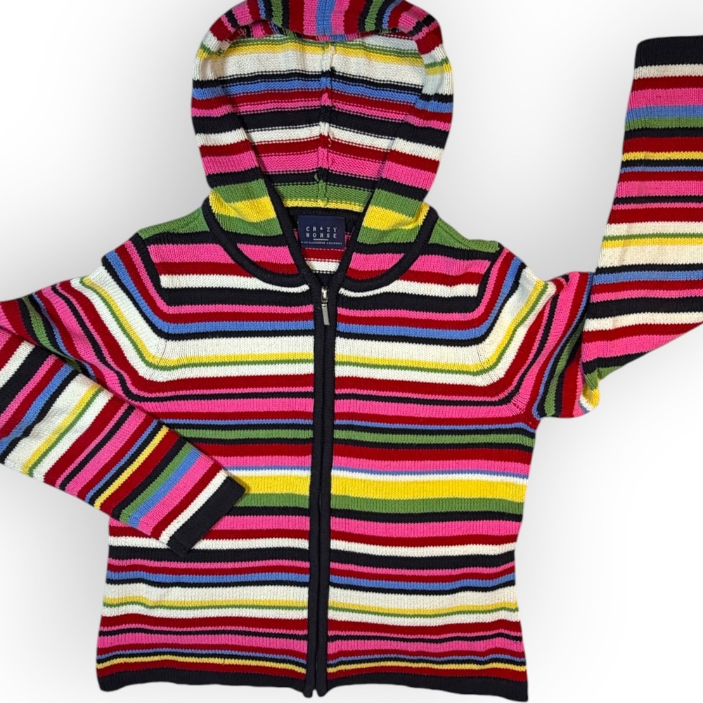 Y2K Crazy Horse Womens Rainbow Multi Color Striped Zip Hooded Sweater L Preppy